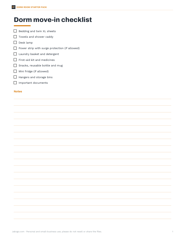 Preview of Printable Dorm Move-In Checklist