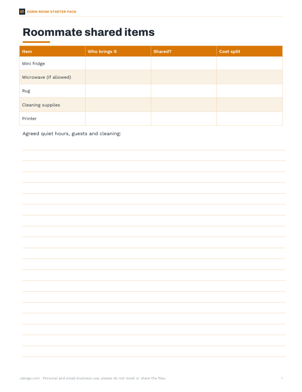 Preview of Printable Roommate Agreement for Dorm Fridge Setup